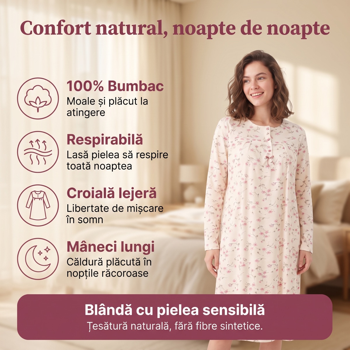 Infografic cu beneficii, cămașă de noapte